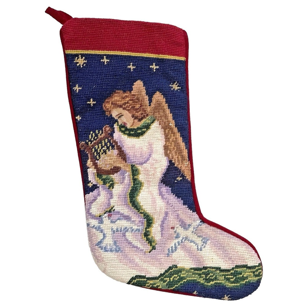 Needlepoint Stocking Christmas Angel Lyre Doves Velvet Back Lined 16" Vtg 1980s